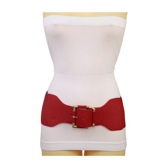 New Women Red Elastic Wide Fashion Belt Hip High Waist Gold Square Buckle S M - Picture 10 of 16